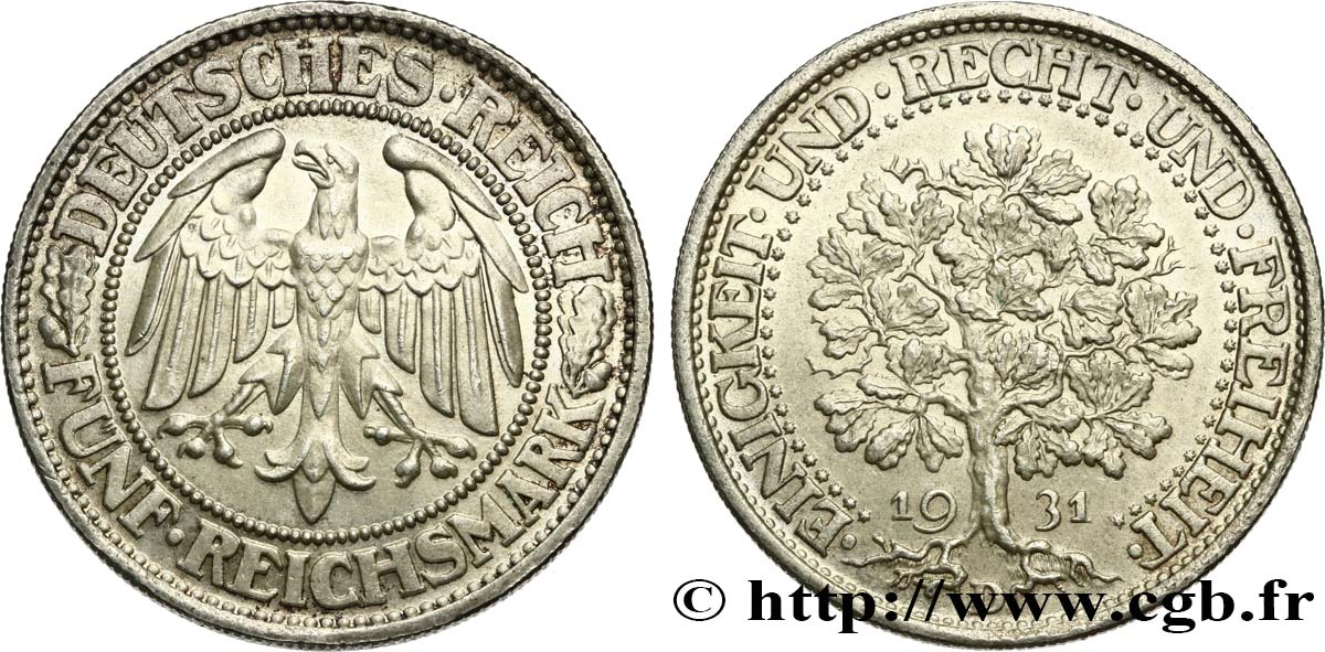 ALLEMAGNE 5 Reichsmark aigle / chêne 1931 Munich - D SUP 