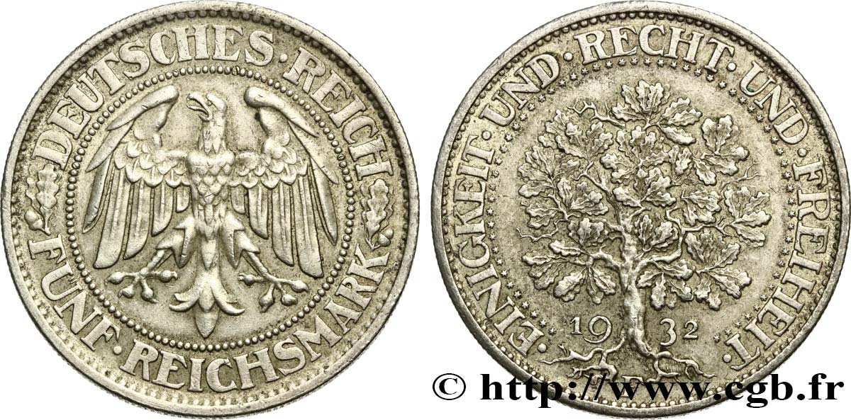 ALLEMAGNE 5 Reichsmark aigle / chêne 1932 Stuttgart TTB+ 