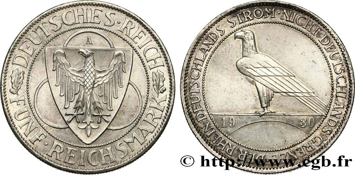 GERMANIA 5 Reichsmark Libération de la Rhénanie 1930 Berlin SPL 
