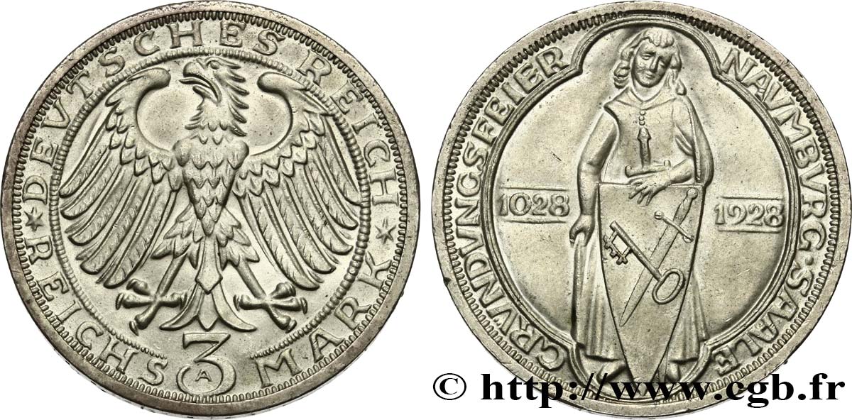DEUTSCHLAND 3 Reichsmark 900 ans de la fondation de Naumburg (Saale) 1928 Berlin VZ 