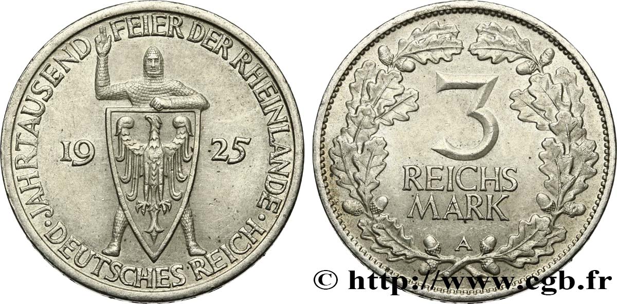 GERMANY 3 Reichsmark millénaire de la Rhénanie 1925 Berlin AU 