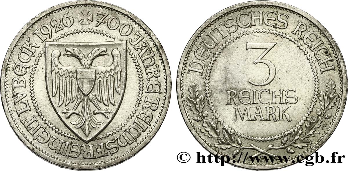 DEUTSCHLAND 3 Reichsmark 700 ans du statut de ville libre de Lübeck 1926 Berlin VZ 