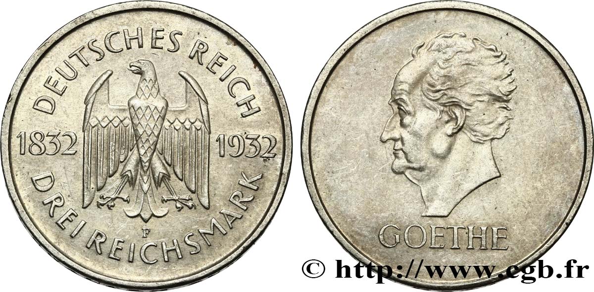 DEUTSCHLAND 3 Reichsmark Goethe 1932 Stuttgart VZ 