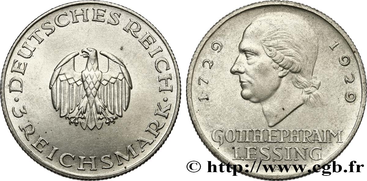 GERMANY 3 Reichsmark Gotthold Ephraim Lessing 1929 Berlin AU 