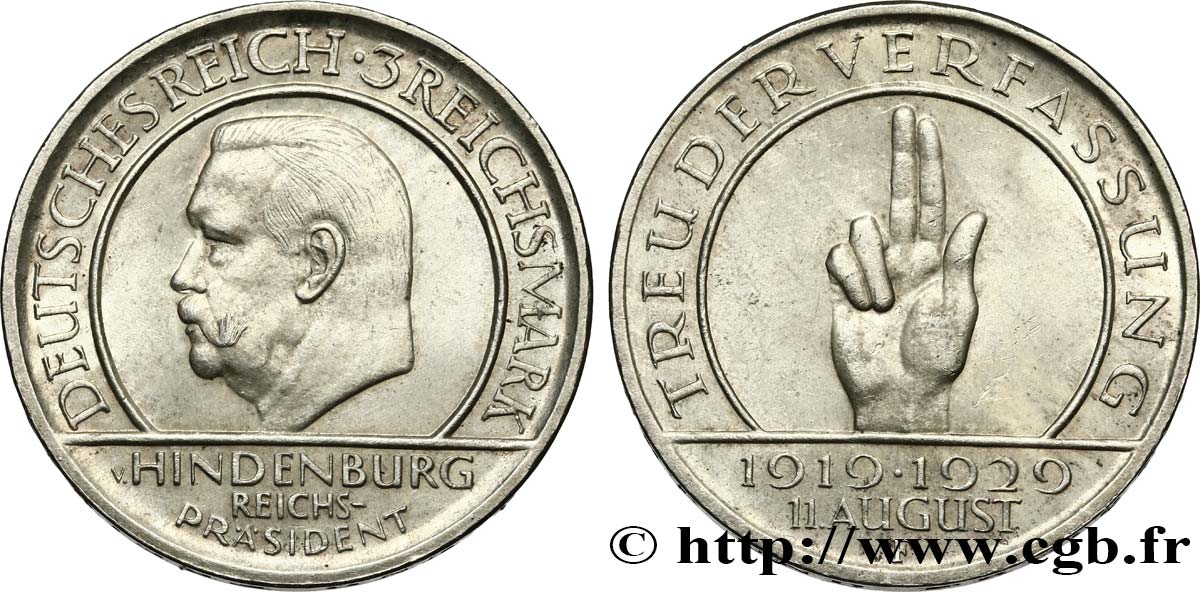 GERMANIA 3 Reichsmark 10e anniversaire de la République  1929 Stuttgart SPL 