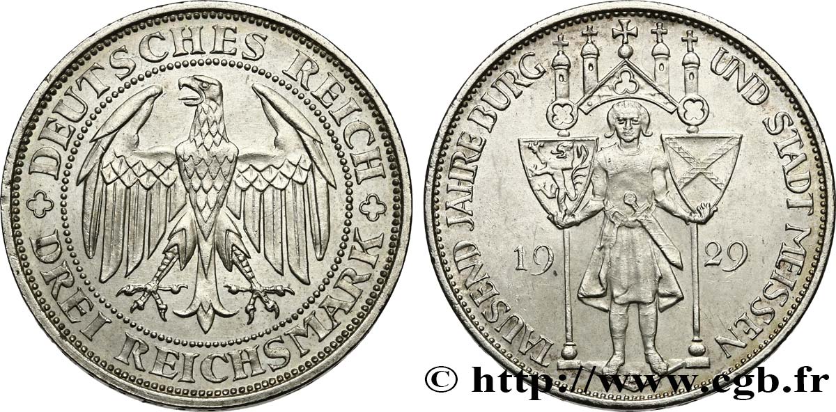 DEUTSCHLAND 3 Reichsmark 1000e anniversaire de la fondation de Meissen 1929  VZ 