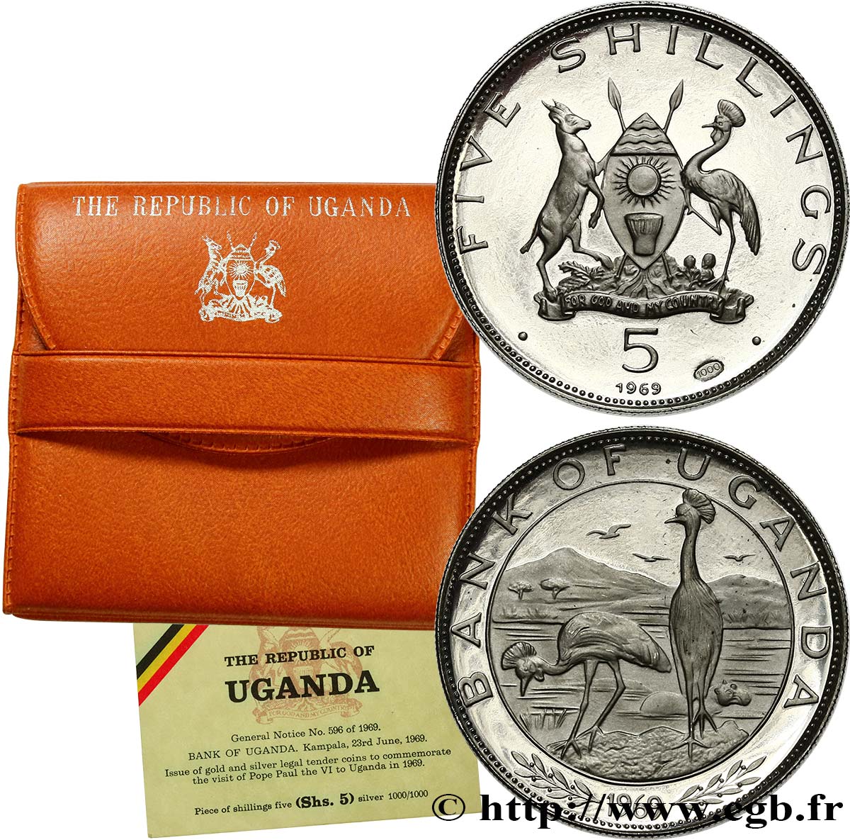 UGANDA 5 Shillings Proof Grue royale 1969  FDC 