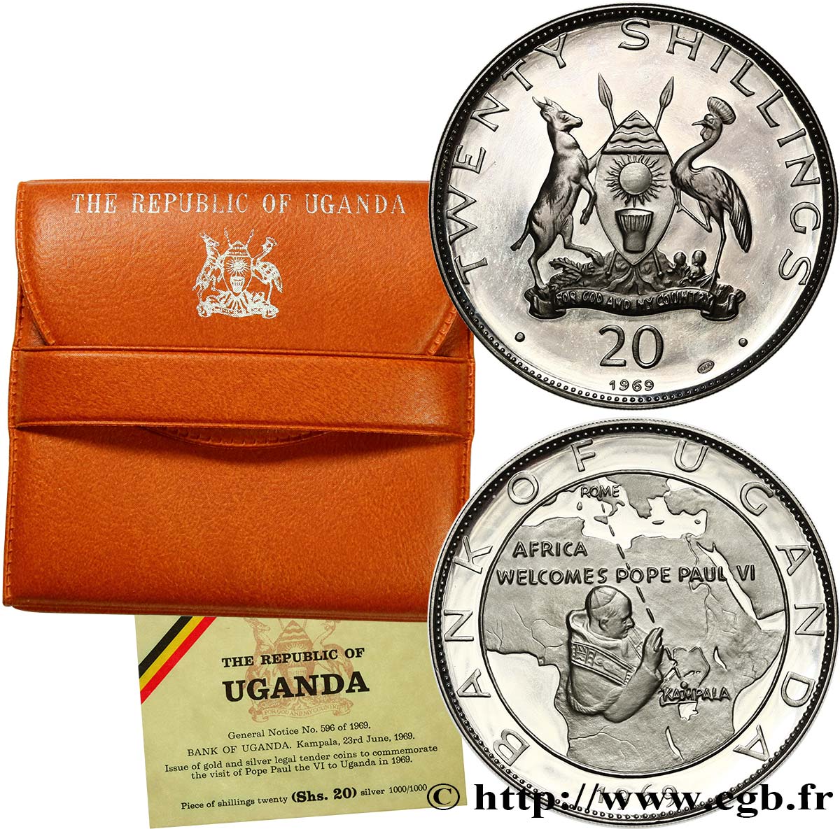 OUGANDA 20 Shillings Proof visite du pape Paul VI 1969  FDC 