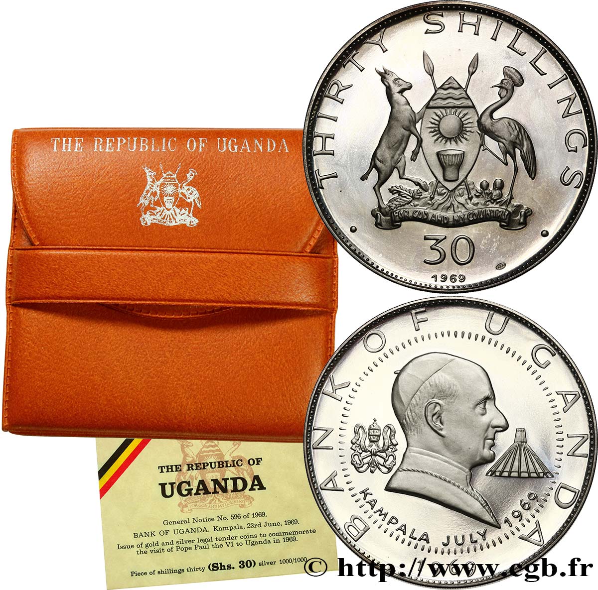 UGANDA 30 Shillings Proof visite du pape Paul VI 1969  ST 