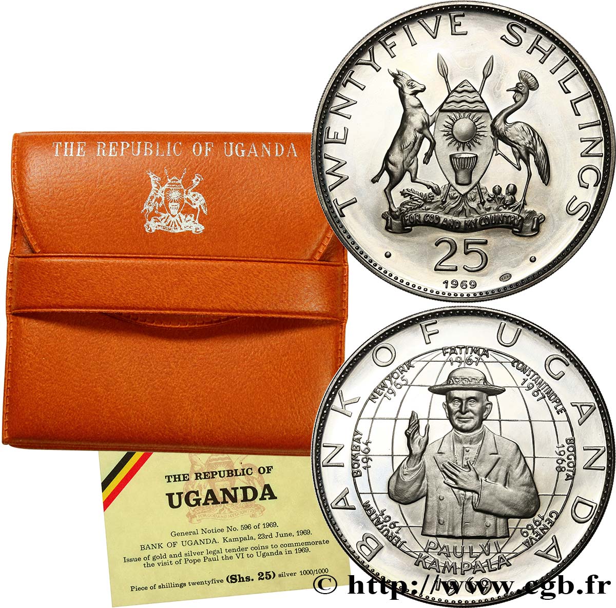 UGANDA 25 Shillings Proof visite du pape Paul VI 1969  MS 