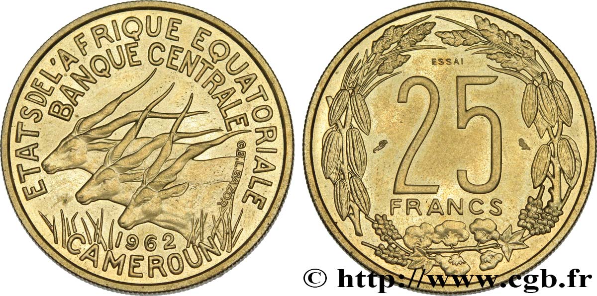 ÁFRICA ECUATORIAL  25 Francs antilopes Essai 1962 Paris SC 