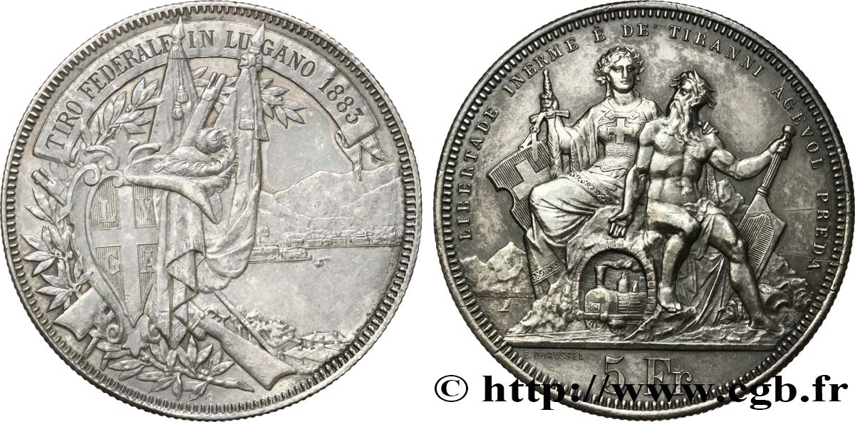 SWITZERLAND 5 Francs, concours de Tir de Lugano 1883  AU 