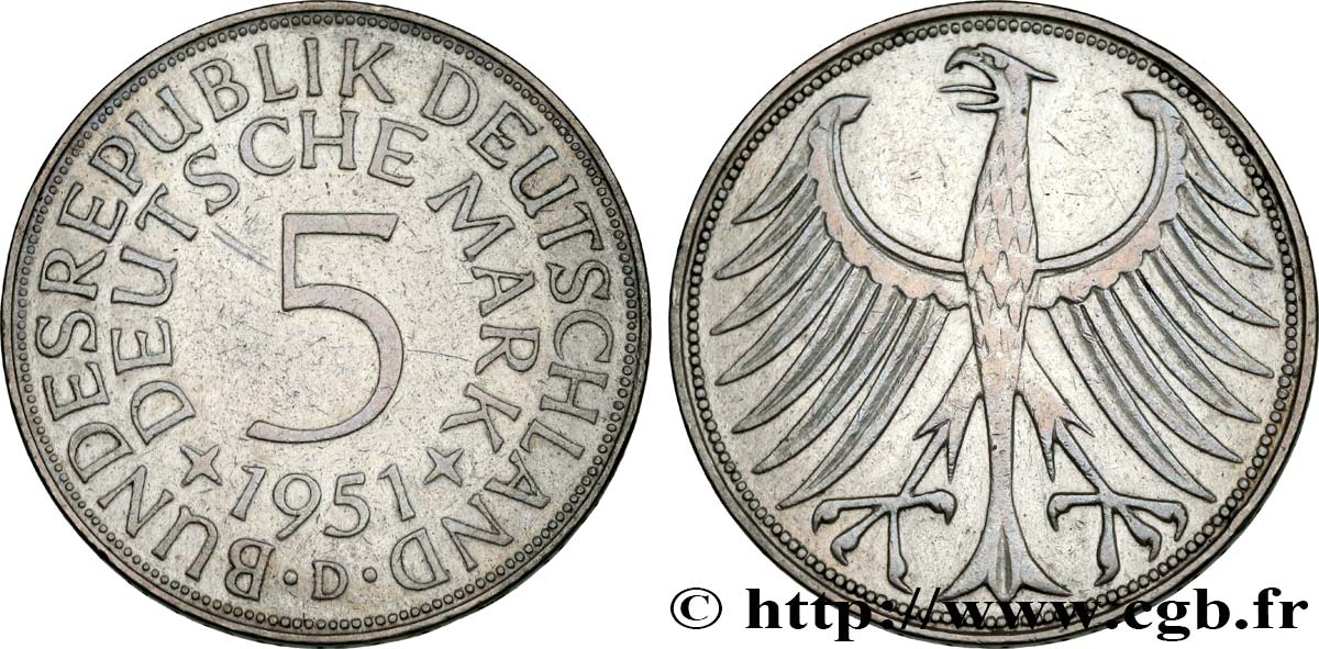 GERMANY 5 Mark aigle 1951 Munich XF 