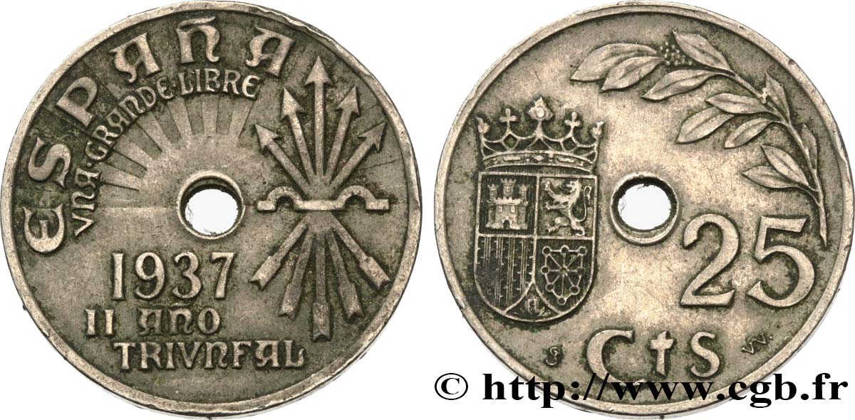 ESPAGNE 25 Centimos monnayage nationaliste 1937 Vienne SUP 