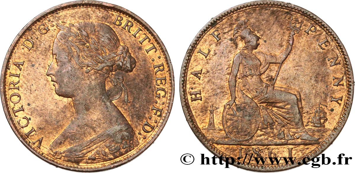 UNITED KINGDOM 1/2 Penny Victoria “Bun Head” 1861  XF 