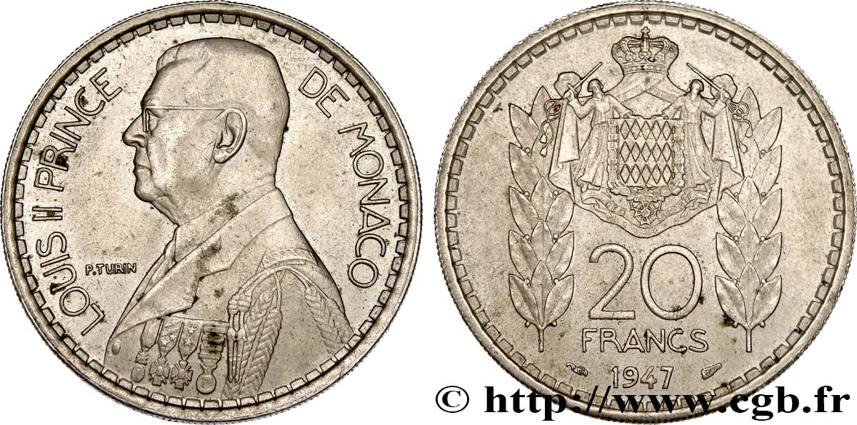 MONACO 20 Francs prince Louis II 1947 Paris fVZ 