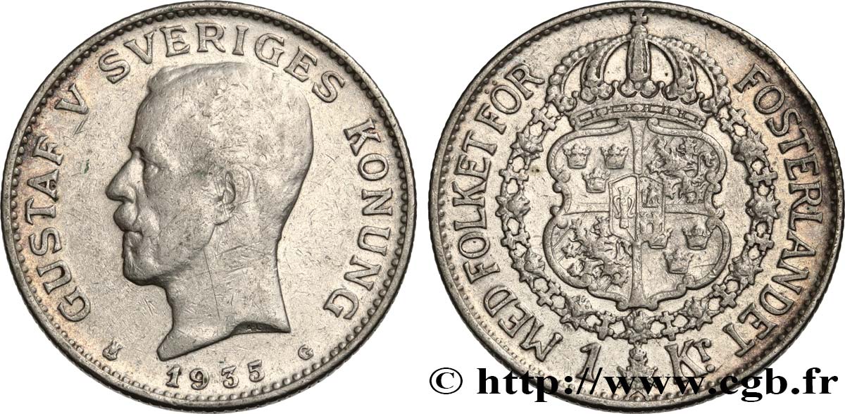 SUECIA 1 Krona Gustave V 1935  BC+ 