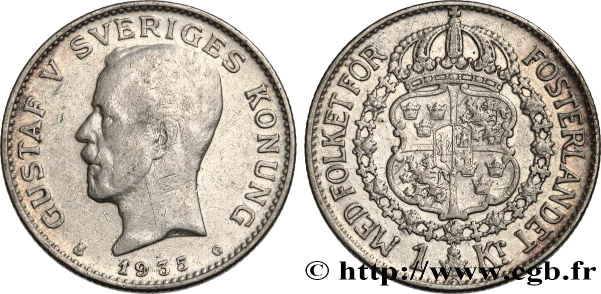 SVEZIA 1 Krona Gustave V 1935 Kungsholmen q.BB 