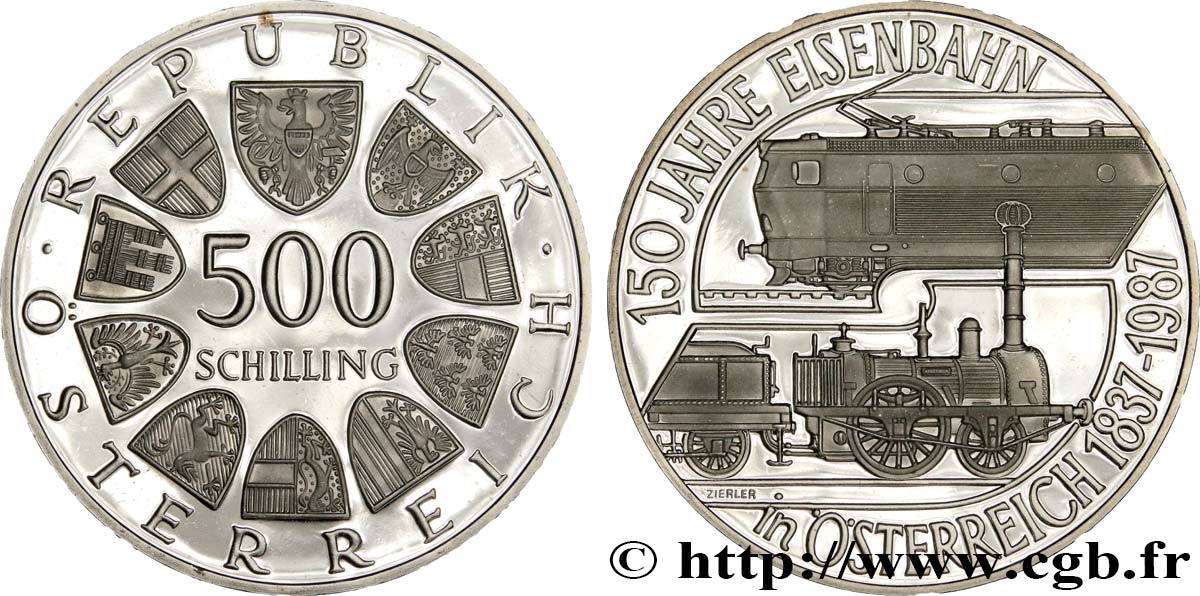 ÖSTERREICH 500 Schilling Proof 150e anniversaire du chemin de fer en Autriche 1987  fST 