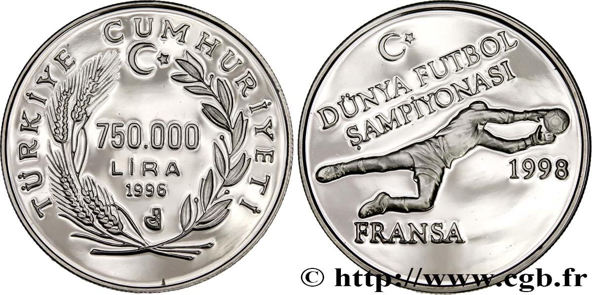 TURQUíA 750.000 Lira Proof coupe du Monde de football 1998 1996  FDC 