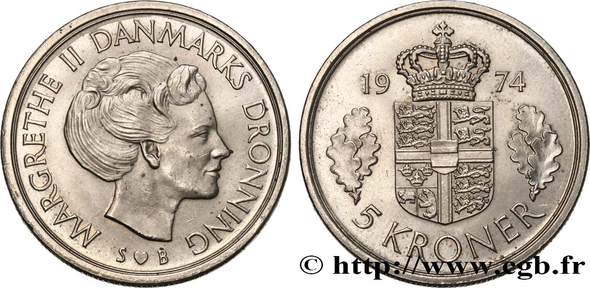 Rige champion forretning DENMARK 5 Kroner Margrethe II 1974 Copenhague fwo_540411 World coins
