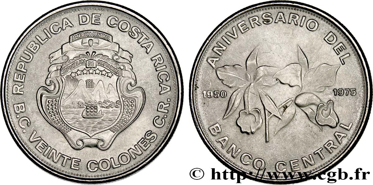 COSTA RICA 20 Colones 25e anniversaire de la Banque Centrale 1975  SPL 