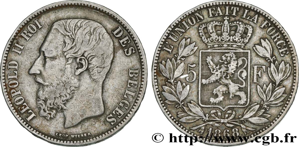 BELGIEN 5 Francs Léopold II 1868  fSS 