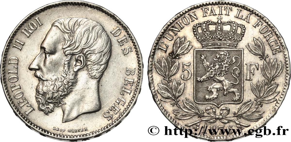 BELGIEN 5 Francs Léopold II 1876  fVZ 