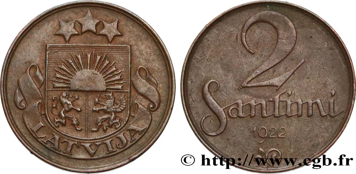 LATVIA 2 Santimi emblème variété sans nom d’atelier 1922 Huguenin, Le Locle, Suisse XF 