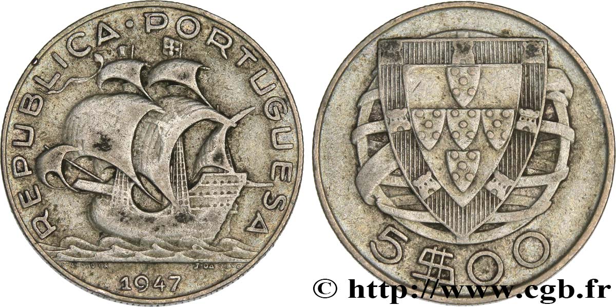 PORTOGALLO 5 Escudos emblème 1947  MB 