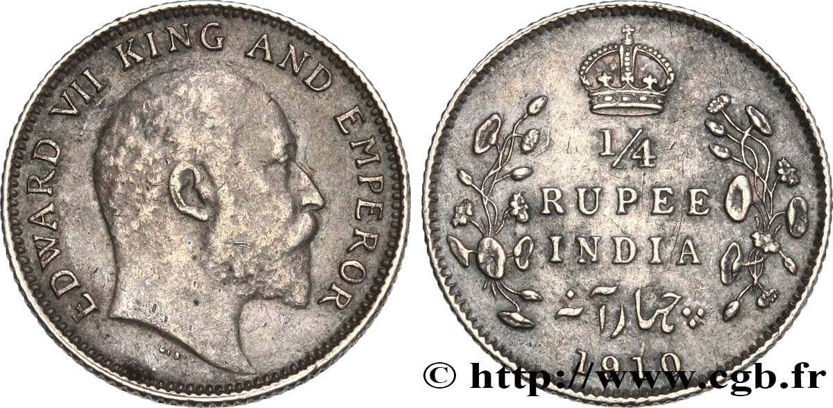 BRITISH INDIA 1/4 Rupee (Roupie) Edouard VII couronné 1910 Calcutta XF 