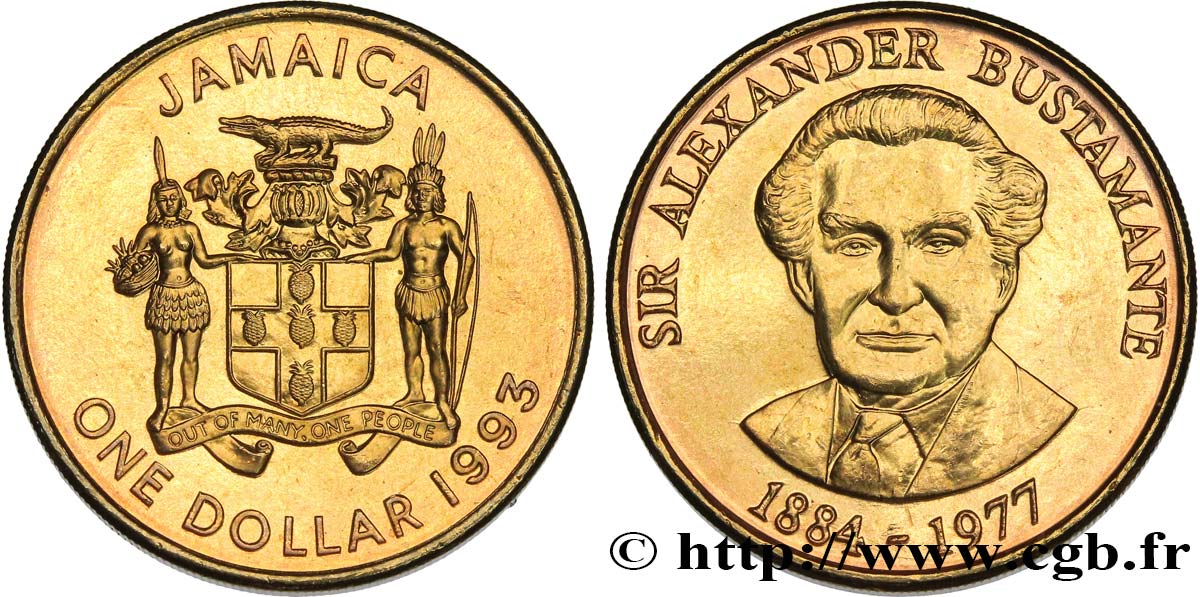 GIAMAICA 1 Dollar armes / Sir Alexander Bustamante, héros national 1993  MS 