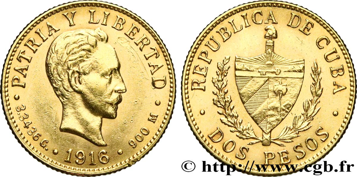 CUBA 2 Pesos OR 1916  AU 