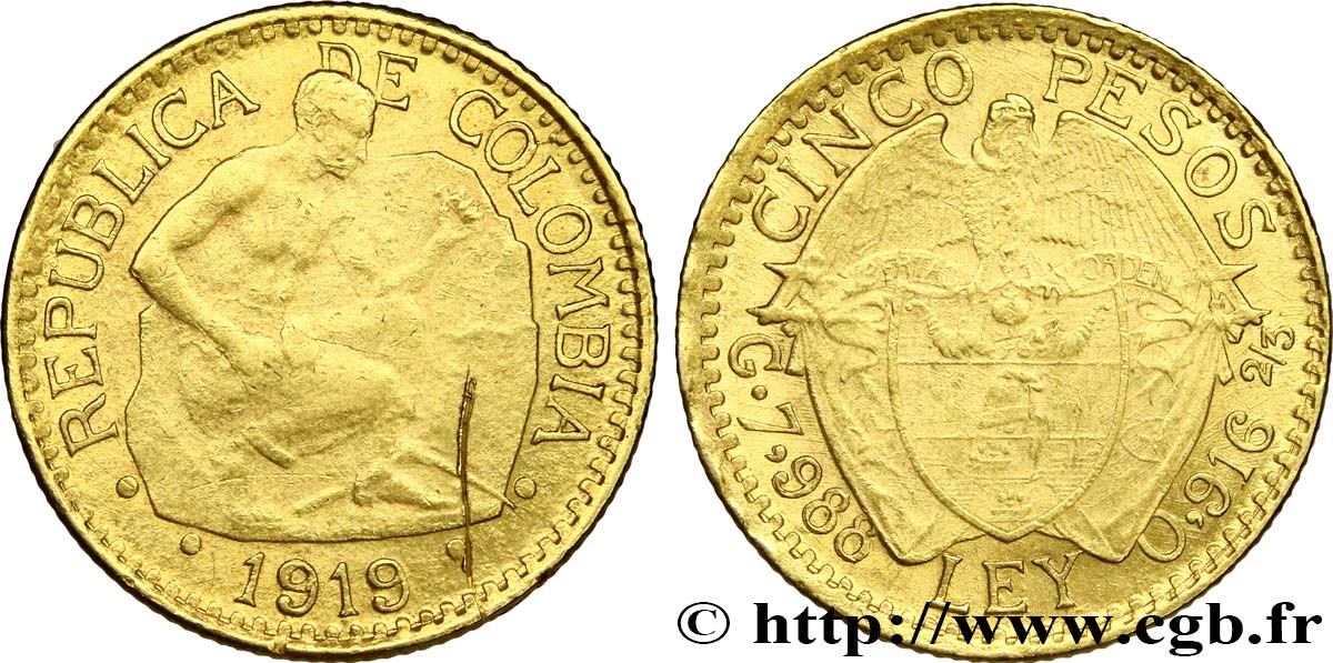 COLOMBIE 5 Pesos or emblème / mineur 1919 Bogota TTB 
