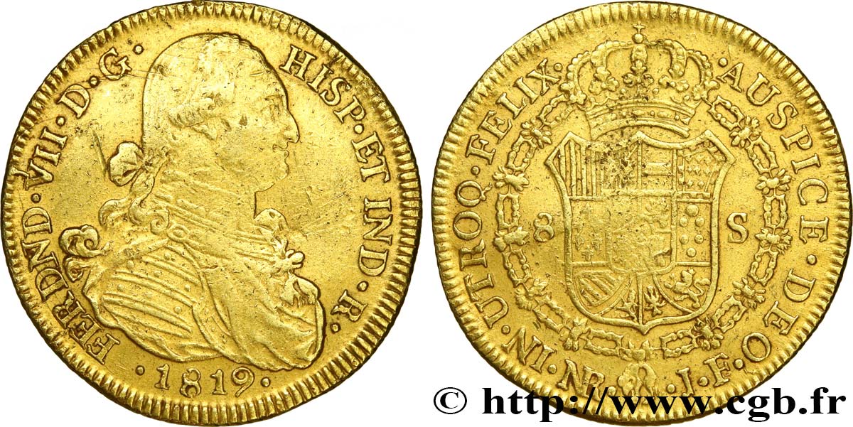 COLOMBIA 8 Escudos Ferdinand VII 1819 Nuevo Reinado BB 