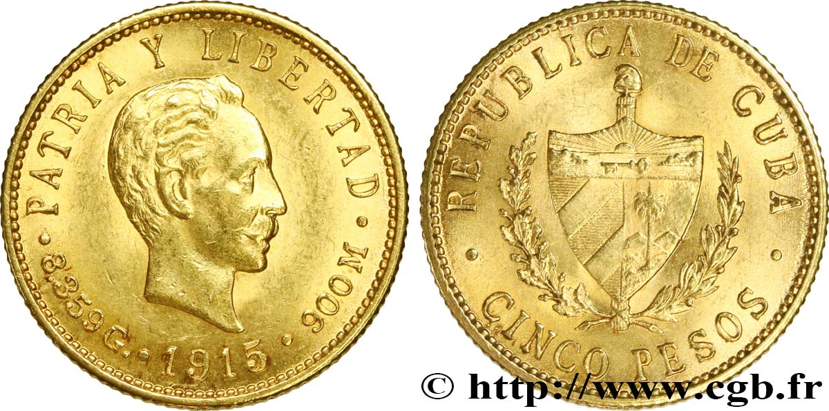 CUBA 5 Pesos OR 1915  AU 