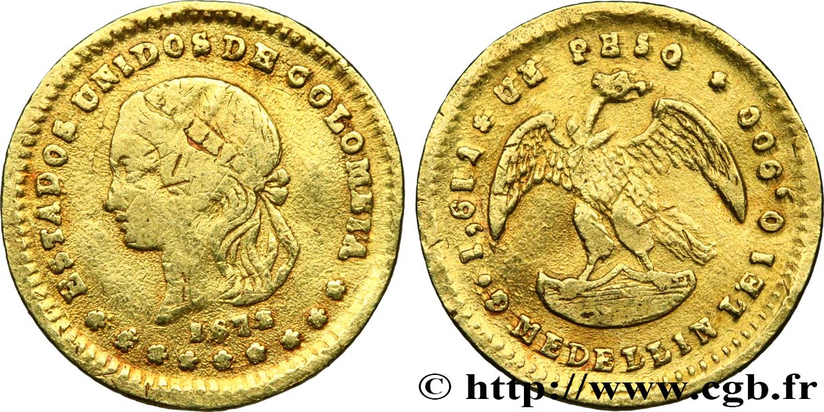 COLOMBIA 1 Peso or 1873 Medellin VF 
