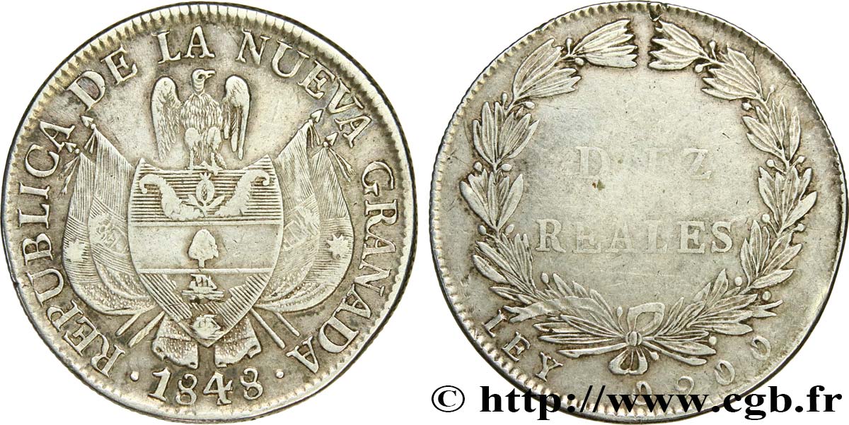 COLOMBIA - REPUBBLICA DELLA NUOVA GRANADA 10 (Diez) Reales 1848 Bogota BB 