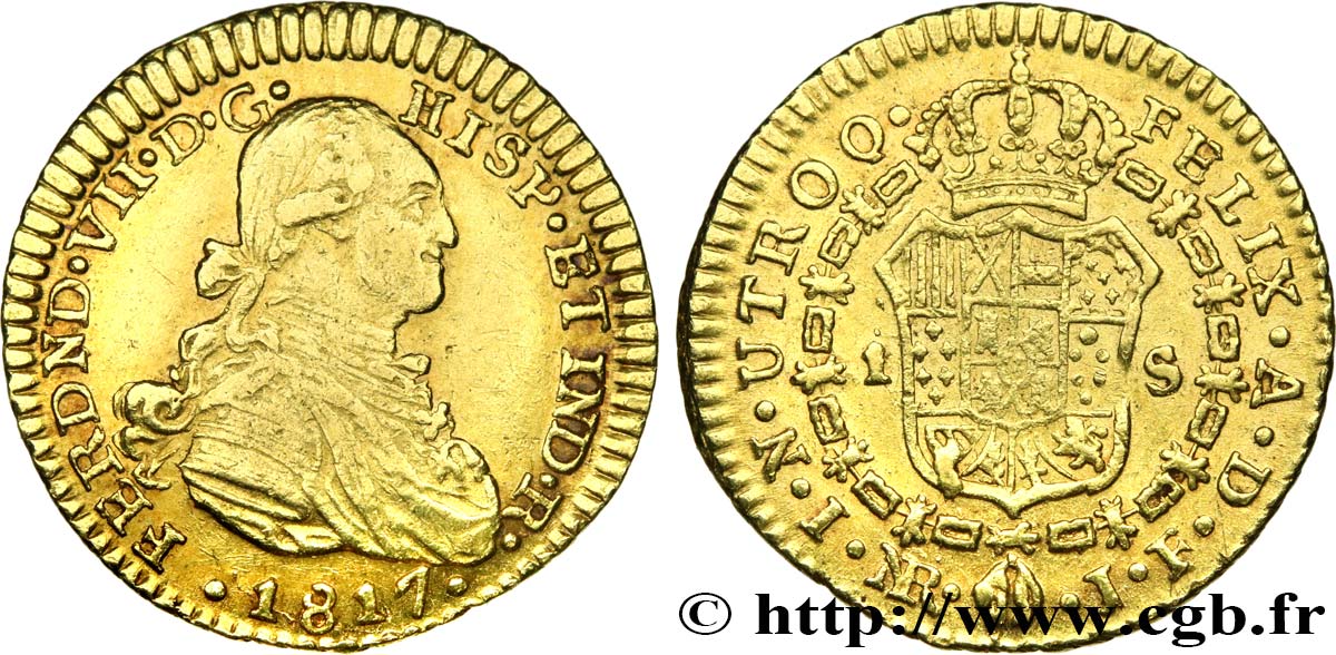 COLOMBIA 1 Escudo Ferdinand VII 1817 Nuevo Reino XF 