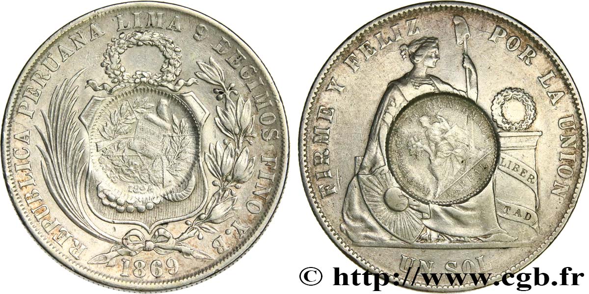 GUATEMALA 1 Peso contremarque sur 1 Sol du Pérou de 1869 1894 Lima EBC 