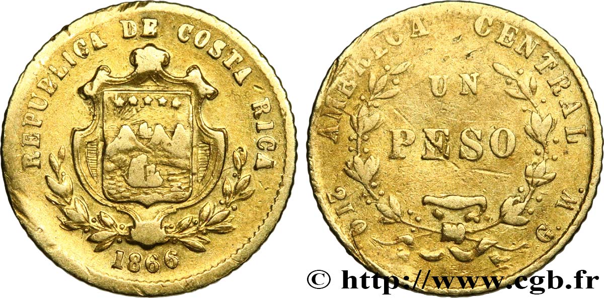 COSTA RICA 1 Peso or 1866  MB 