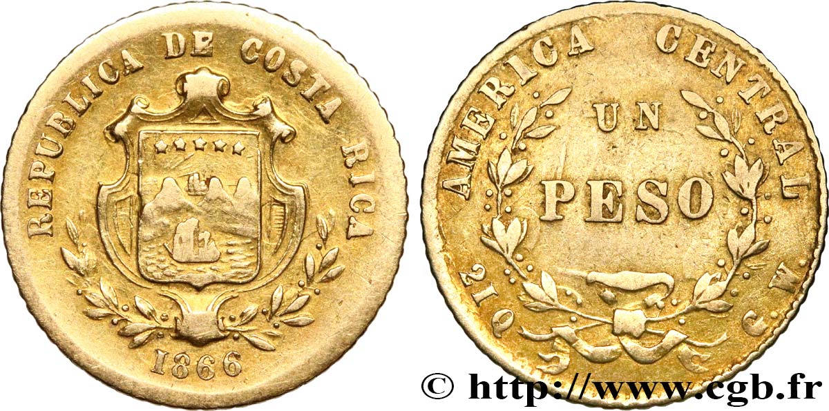 COSTA RICA 1 Peso or 1866  BC+ 
