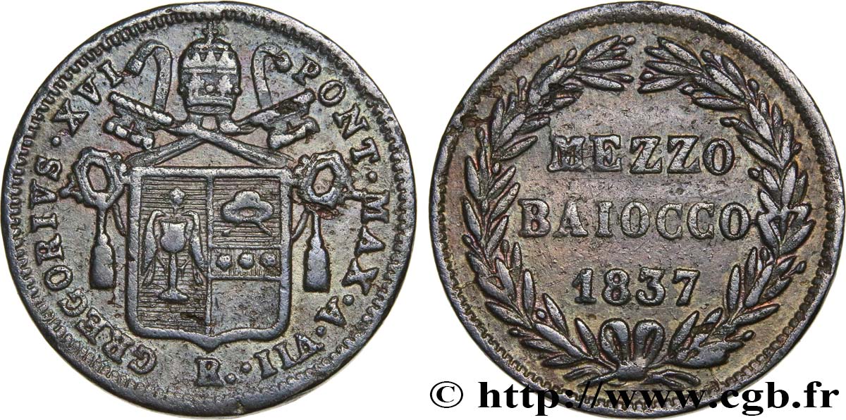 VATICAN AND PAPAL STATES 1/2 Baiocco au nom de Grégoire XVI an VII 1837 Rome XF 
