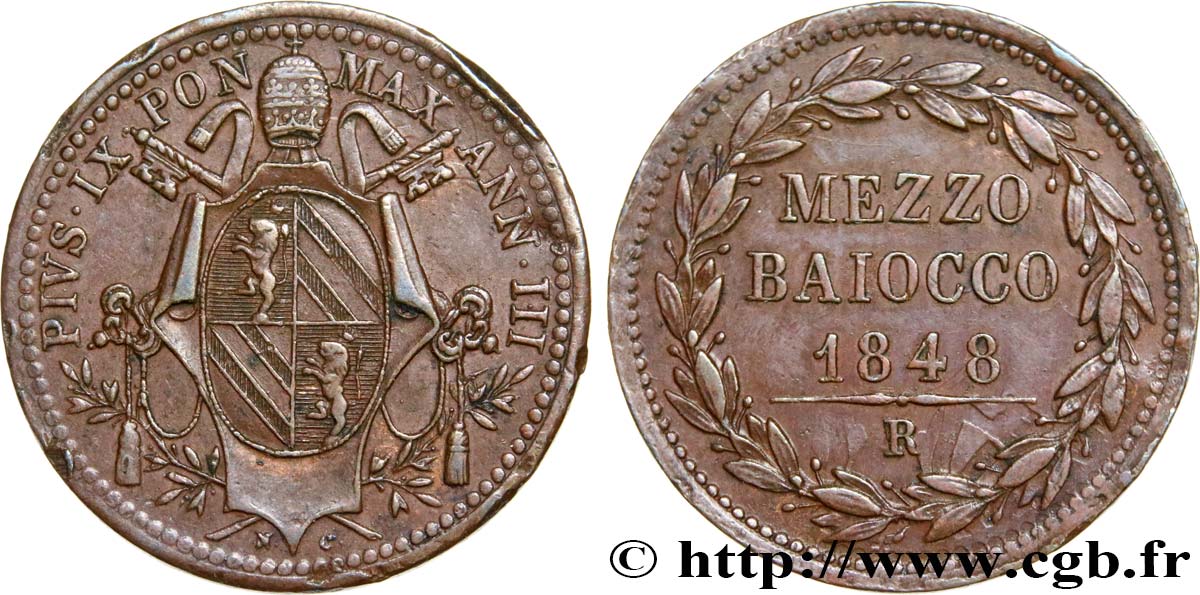 VATICAN AND PAPAL STATES 1/2 Baiocco Pie IX an IV 1848 Rome AU 