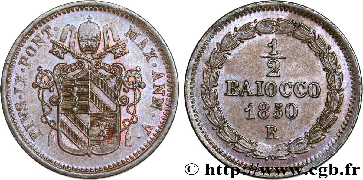 VATICAN ET ÉTATS PONTIFICAUX 1/2 Baiocco Pie IX an V 1850 Rome SUP 