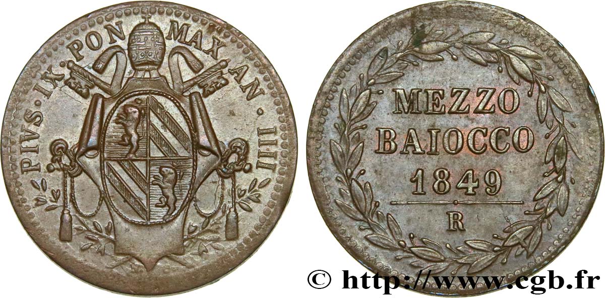 VATICAN AND PAPAL STATES 1/2 Baiocco Pie IX an IIII 1849 Rome AU 