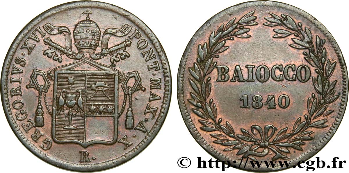 ITALY - PAPAL STATES - GREGORY XVI (Bartolomeo Alberto Cappellari) 1 Baiocco an X 1840 Rome AU 