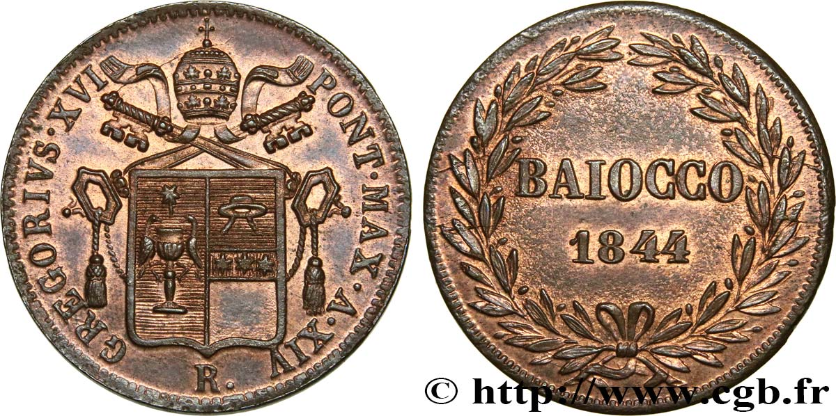 VATICANO Y ESTADOS PONTIFICIOS 1 Baiocco Grégoire XVI an XIV 1844 Rome EBC 