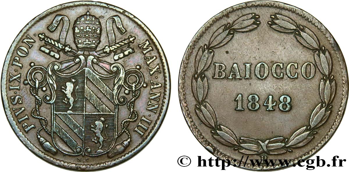 VATICAN ET ÉTATS PONTIFICAUX 1 Baiocco Pie IX an III 1848 Rome TTB 