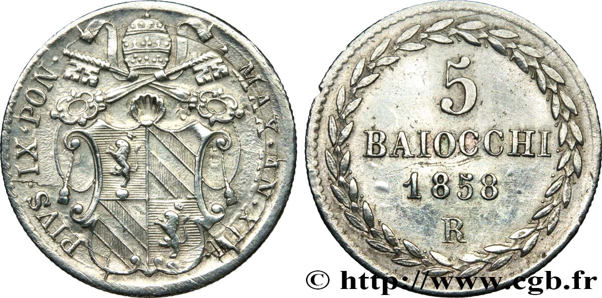 VATICANO E STATO PONTIFICIO 5 Baiocchi frappé au nom de Pie IX an XIII 1858 Rome BB 